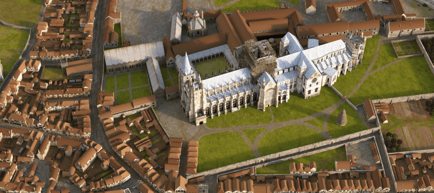 3D representation of an aeriel view of Canterbury Cathedral