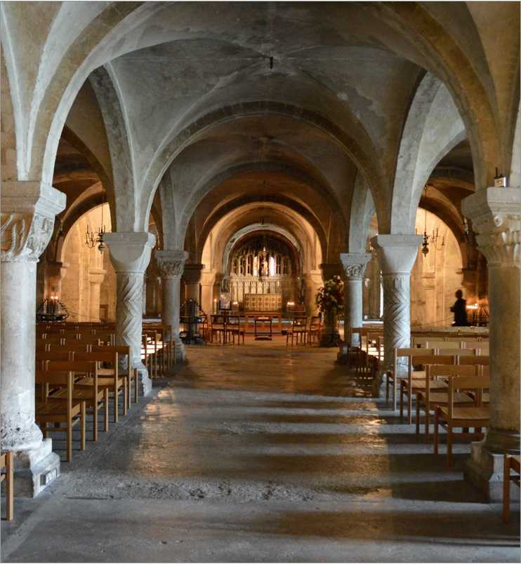 View inside the western crypt, looking toward the altar.